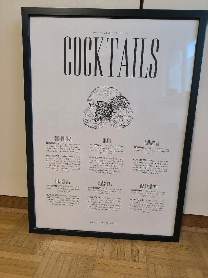 Mooie poster cocktails inclusief Ikea Fiskbo lijst, Verzamelen, Posters, Zo goed als nieuw, Overige onderwerpen, A1 t/m A3, Rechthoekig Staand