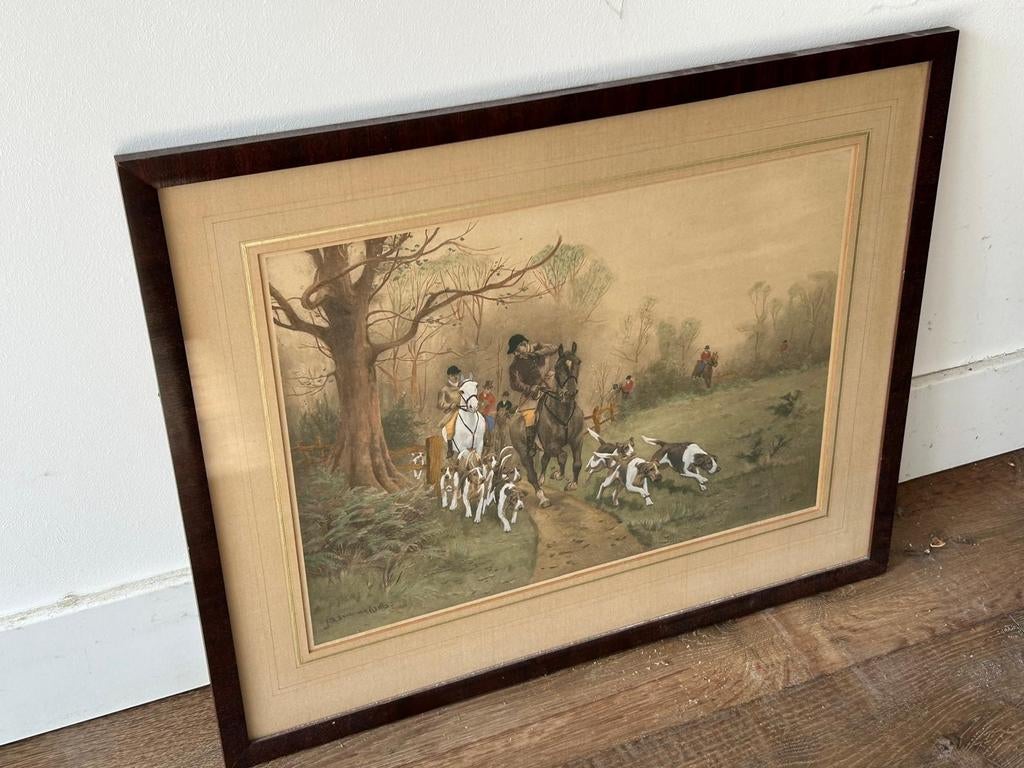 Antieke Jachtscène Prent - Paarden en Honden, Ophalen