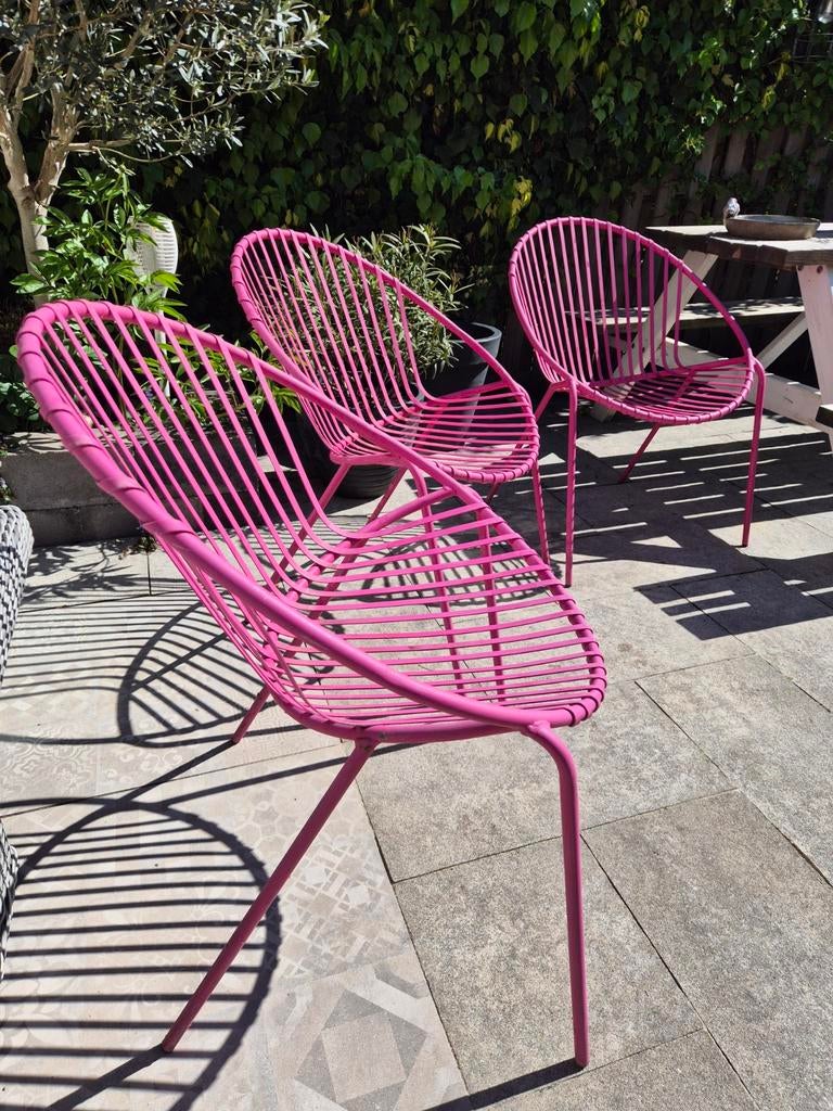 3 metalen roze tuinstoelen, Tuin en Terras, Tuinstoelen, Ophalen