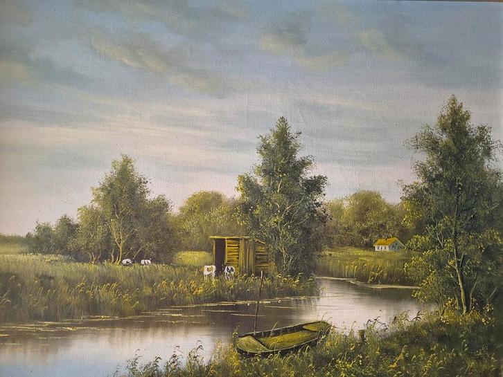 Schilderij rivier landschap J Kok, Antiek en Kunst, Kunst | Schilderijen | Klassiek, Ophalen of Verzenden