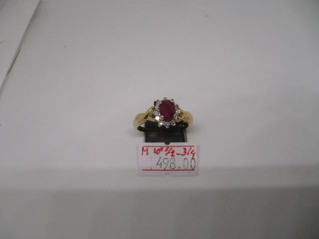 14 krt. goud dames ring 12x briljant/robijn 18-1/2 - 18-3/4, Sieraden, Tassen en Uiterlijk, Ringen, Zo goed als nieuw, Dame, 18 tot 19