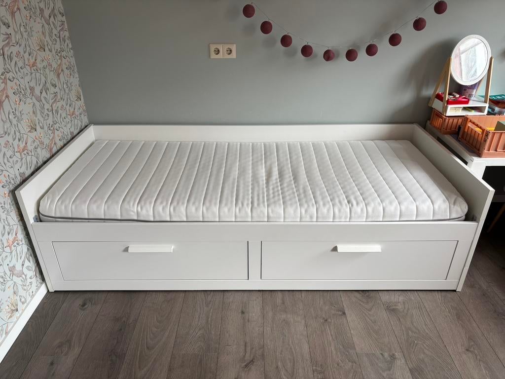 IKEA BRIMNES bedbank met 2 lades 80x200 incl. MALFORS matras, Ophalen, Verstelbaar, Wit, Tweepersoons
