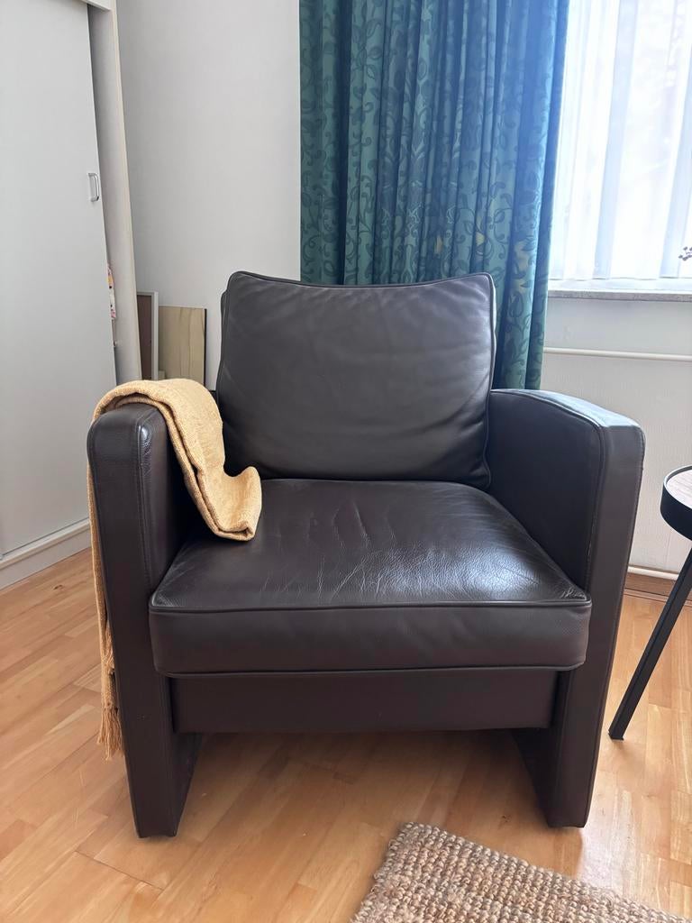 2 bruine leren fauteuils, Huis en Inrichting, Stoelen, Ophalen, Gebruikt, Twee, Bruin