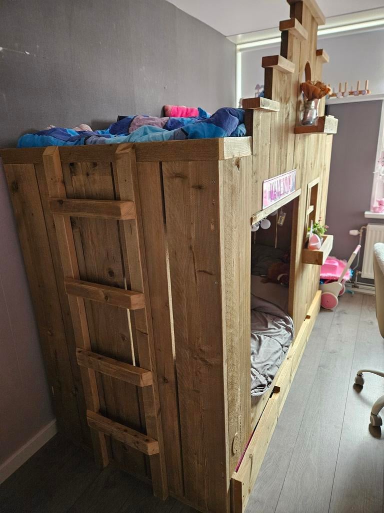 Steigerhout huisbed Saartje Prum - Tweepersoons met lades, Ophalen, Gebruikt, 160 tot 180 cm, Overige typen