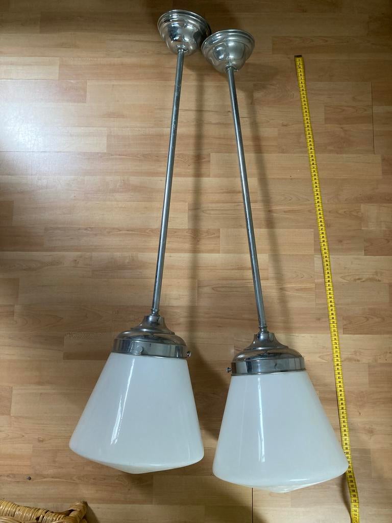 Vintage schoollampen met wit melkglas - Set van 2, Ophalen