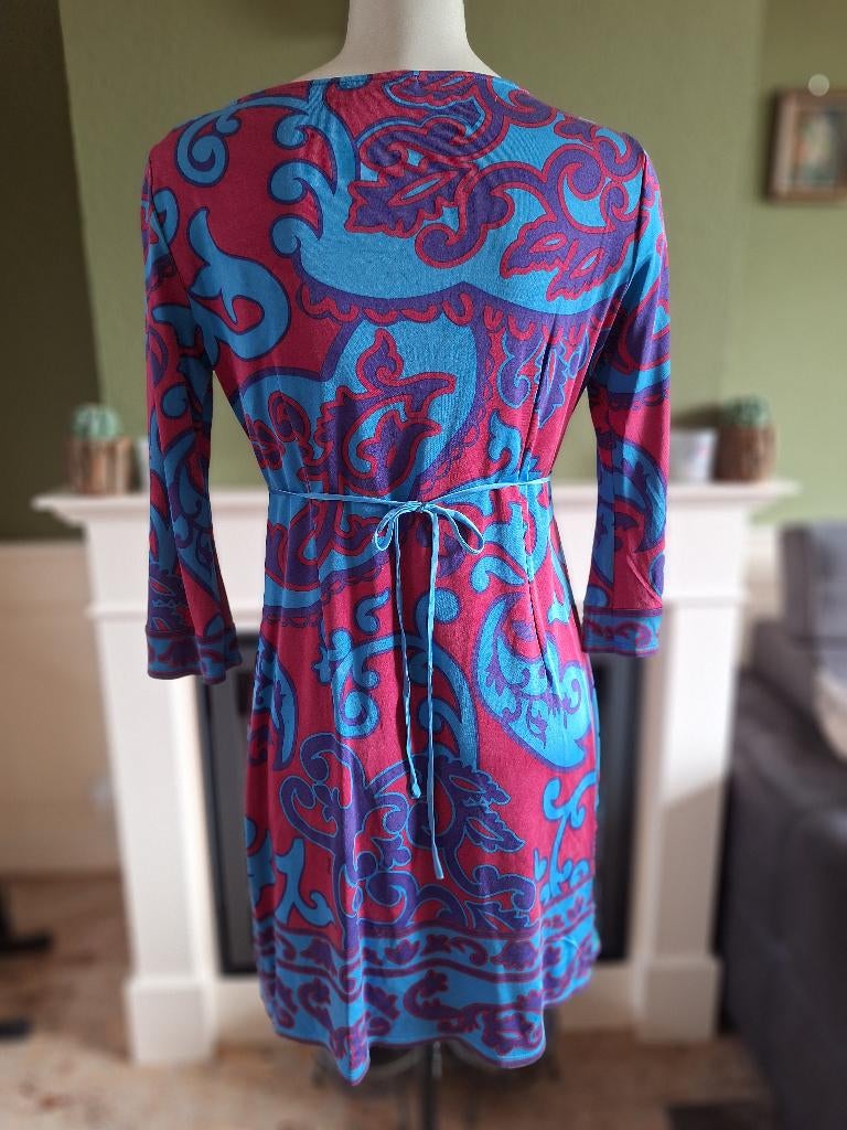 Hale Bob blauw paars roze boat neck jurk zijden M, Maat 38/40 (M), Knielengte, Gedragen, Hale Bob