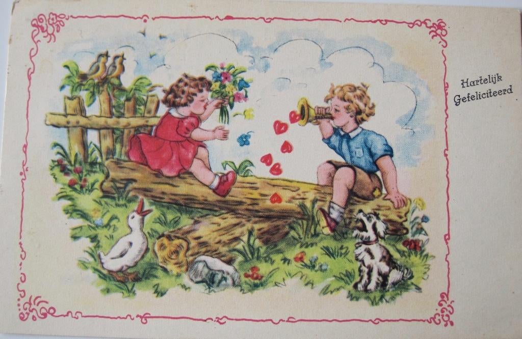 Hartelijk gefeliciteerd - kinderen op een boomstam - 1957, Verzenden, 1940 tot 1960, Gelopen, Kinderen