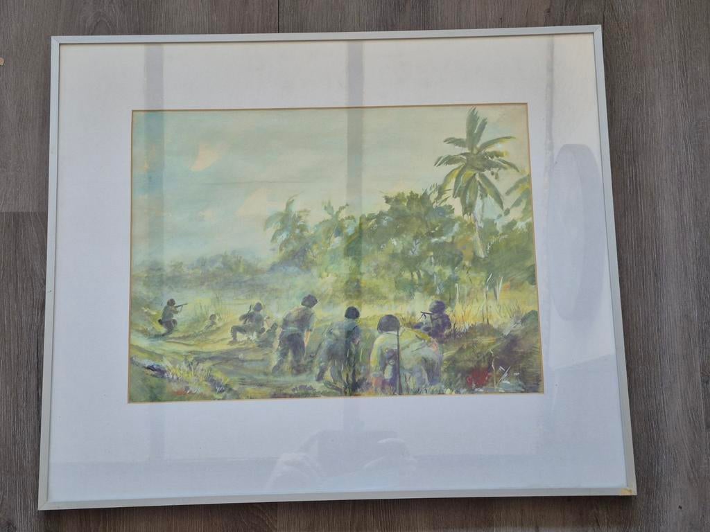 Aquarel Bob Snackers "vuurcontact in het ochtendgloren", Ophalen