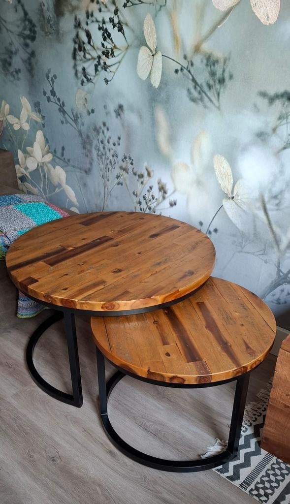 Salontafeltjes met houtenblad en stalen onderstel, Huis en Inrichting, Tafels | Salontafels, Ophalen, 50 tot 100 cm, Rond, 50 tot 100 cm
