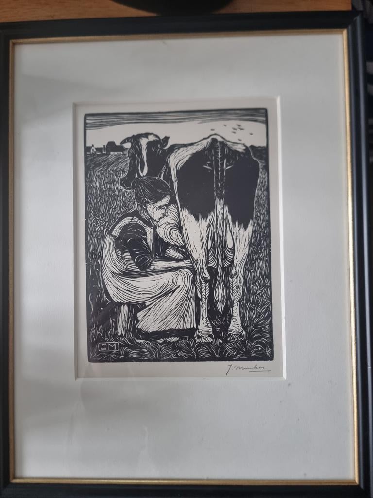 Houtsnede Jan Mankes De Koemelkster, Antiek en Kunst, Kunst | Etsen en Gravures, Ophalen of Verzenden