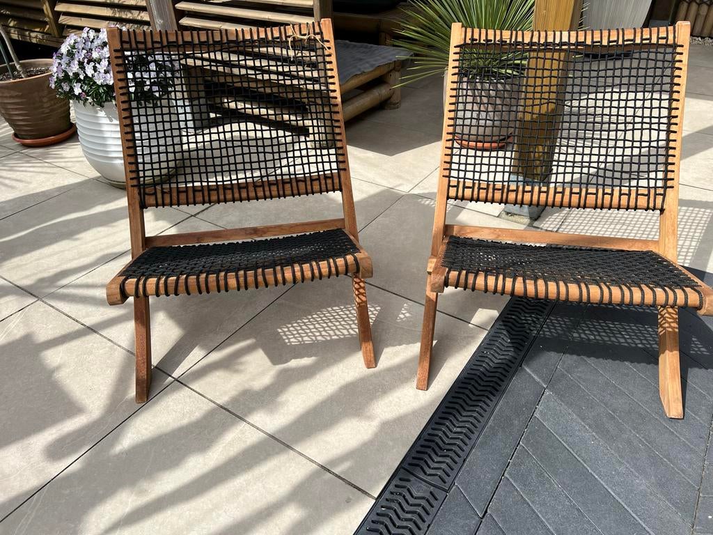 Set van 2 houten tuinstoelen met gevlochten zitting, Tuin en Terras, Tuinstoelen, Nieuw, Teakhout, Inklapbaar, Ophalen
