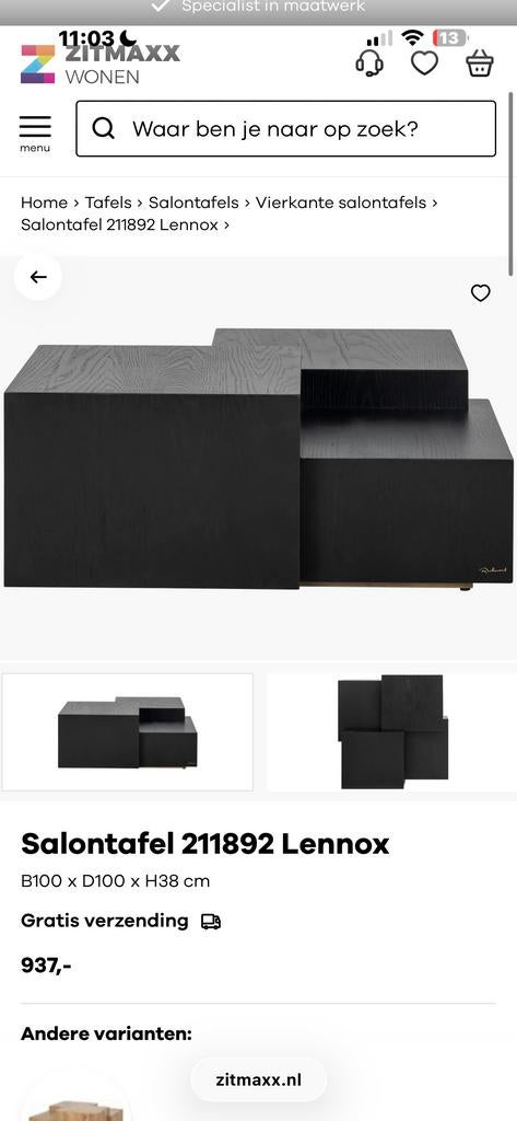 GLOEDNIEUW! Richmond salontafel eikenhout zwart, Ophalen, Nieuw, 50 tot 100 cm, Minder dan 50 cm