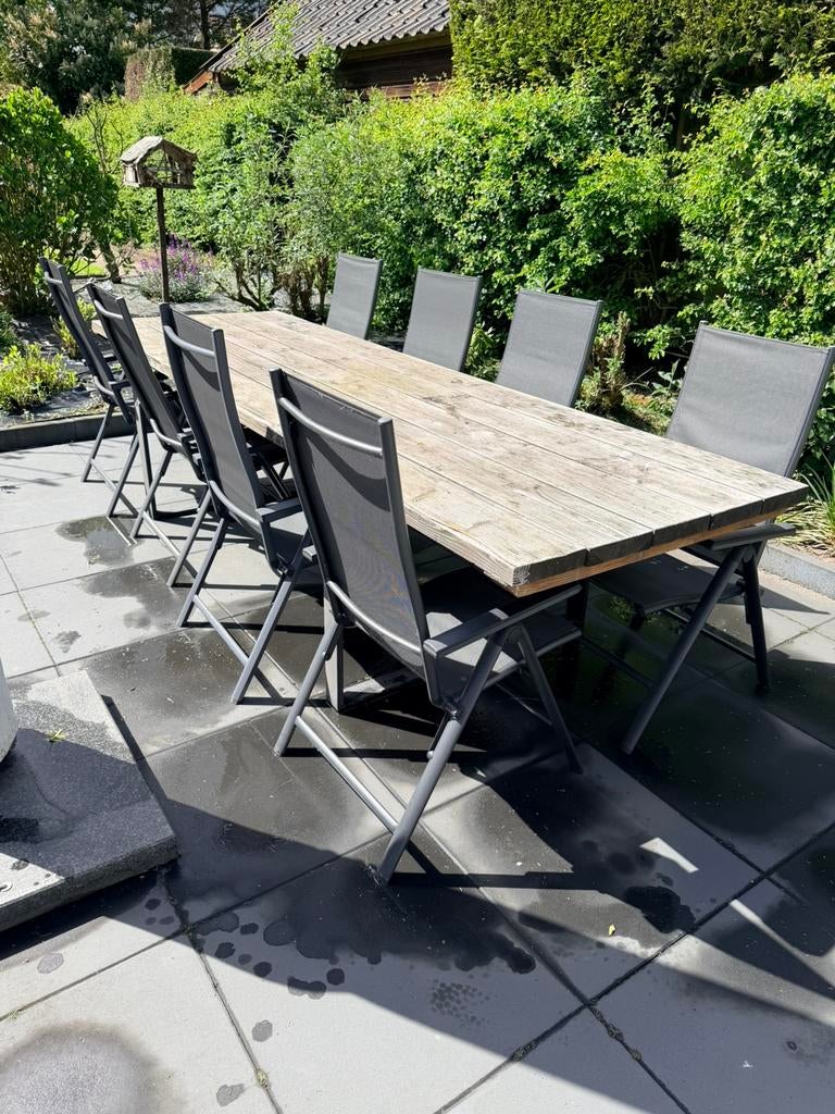 Douglas tuintafel 8 / 10 personen incl. 8 stoelen, Ophalen, Meer dan 8 zitplaatsen, Zo goed als nieuw, Tuinset