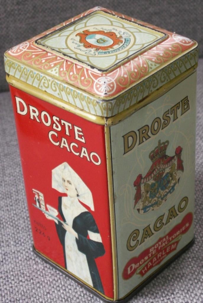 Vintage vierkant blik Droste Cacao 226 gr, Verzamelen, Blikken, Ophalen of Verzenden, Zo goed als nieuw, Overige, Droste