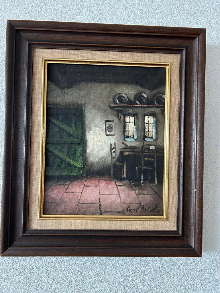 Sfeervol schilderij 'Interieur met groene deur' - gesigneerd, Antiek en Kunst, Ophalen