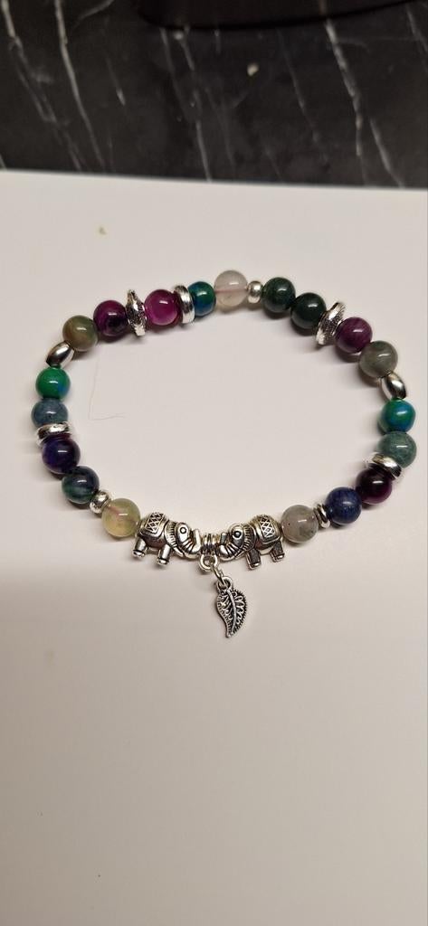 Kleurrijke armband met olifantjes en bladbedel, Overige materialen, Met bedels of kralen, Overige kleuren, Verzenden
