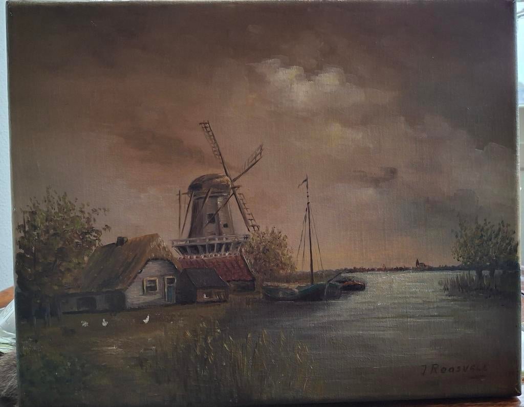 Klein schilderijtje op doek landschap met molen, Antiek en Kunst, Ophalen of Verzenden