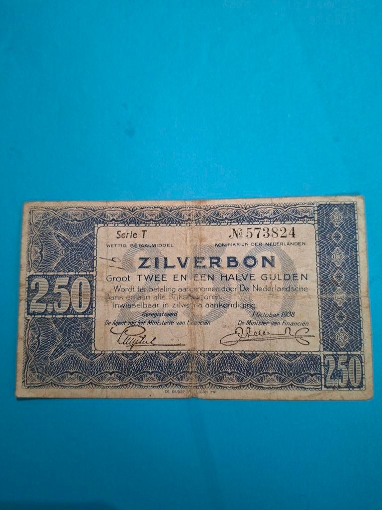 2,5 gulden Zilverbon uit 1938 in ZF-
Serie T, Postzegels en Munten, Bankbiljetten | Nederland, Ophalen of Verzenden, 2½ gulden