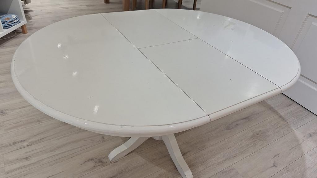 Grenen eettafel rond/ovaal met verlengstuk - beige, Huis en Inrichting, Tafels | Eettafels, Ophalen, Gebruikt, 100 tot 150 cm