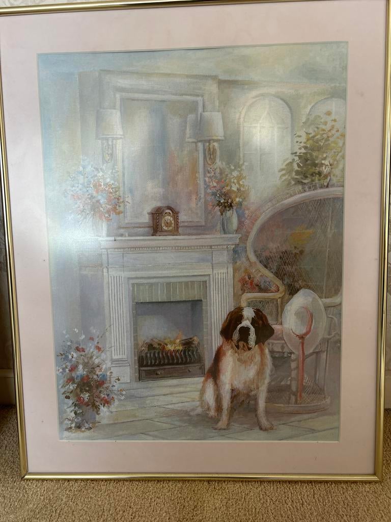 Sint Bernard hond bij schouw - Ingelijste lijst 47x59cm, Antiek en Kunst, Ophalen