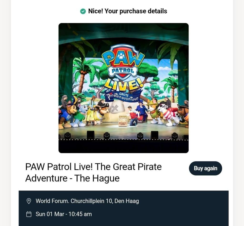 Paw Patrole show tickets Den Haag, Drie personen of meer, Maart