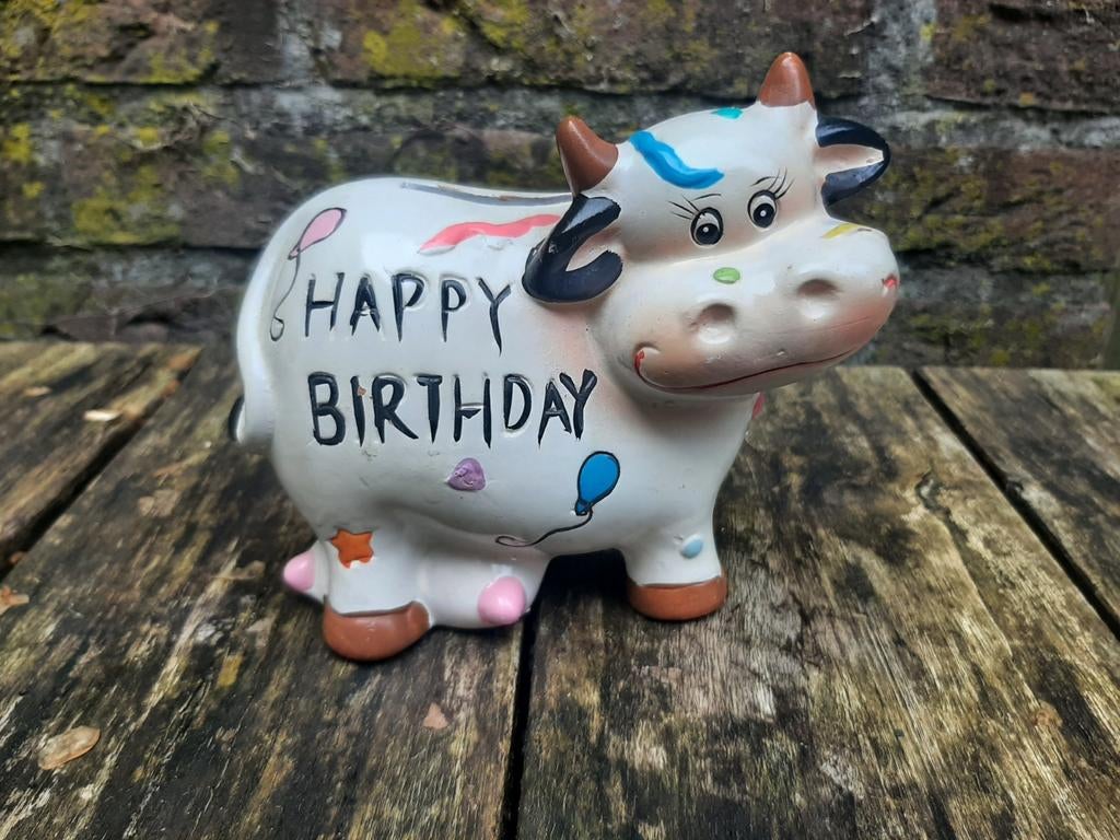 Koe spaarpot happy birthday verjaardag, Ophalen of Verzenden, Zo goed als nieuw, Steen, Aardewerk of Keramiek, Dier