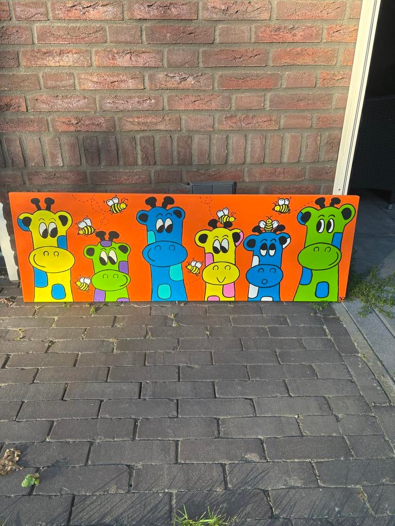 Vrolijk schilderij met giraffen en bijen - Kinderkamer, Antiek en Kunst, Ophalen of Verzenden