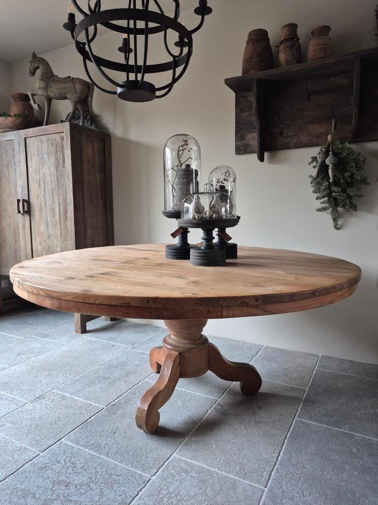 Teakhouten ronde eettafel 170ø, Huis en Inrichting, Tafels | Eettafels, Ophalen, 150 tot 200 cm, Rond, Zo goed als nieuw