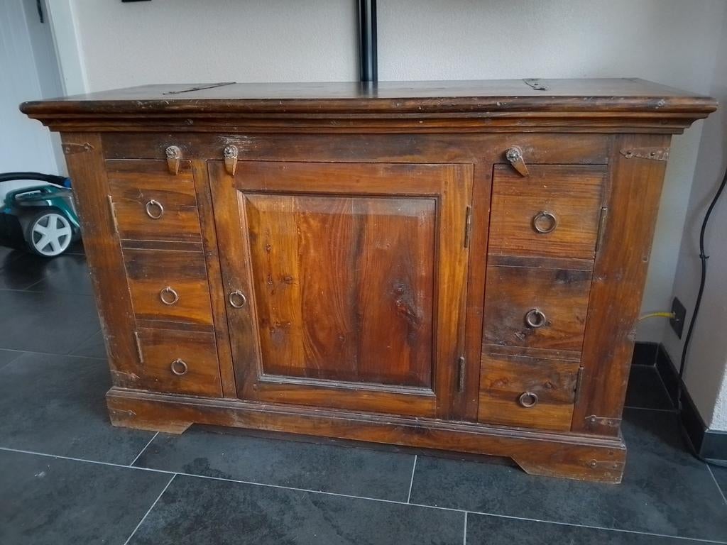 Koloniale tv kast / stereo meubel / dressoir, Ophalen, Gebruikt, 100 tot 150 cm, Teakhout