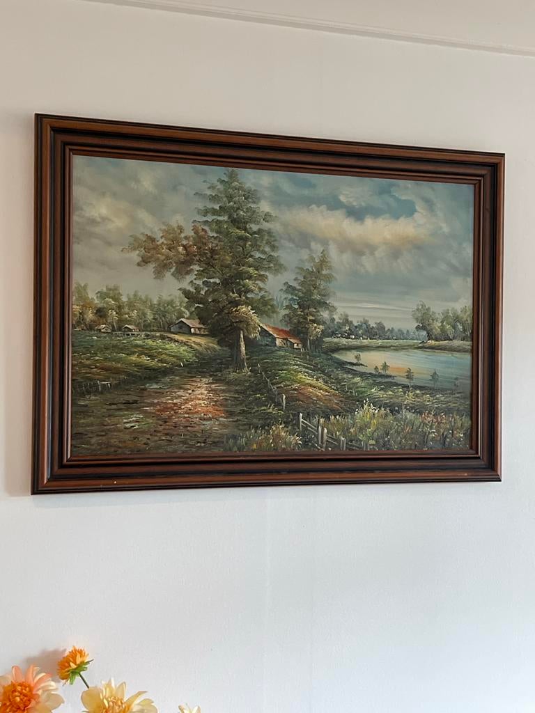 Oud Schilderij: Landschap met Boerderij en Water, Ophalen
