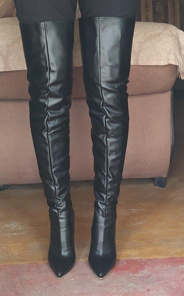 lederlook overknee laarzen, Hoge laarzen, Verzenden, Zwart, Nieuw