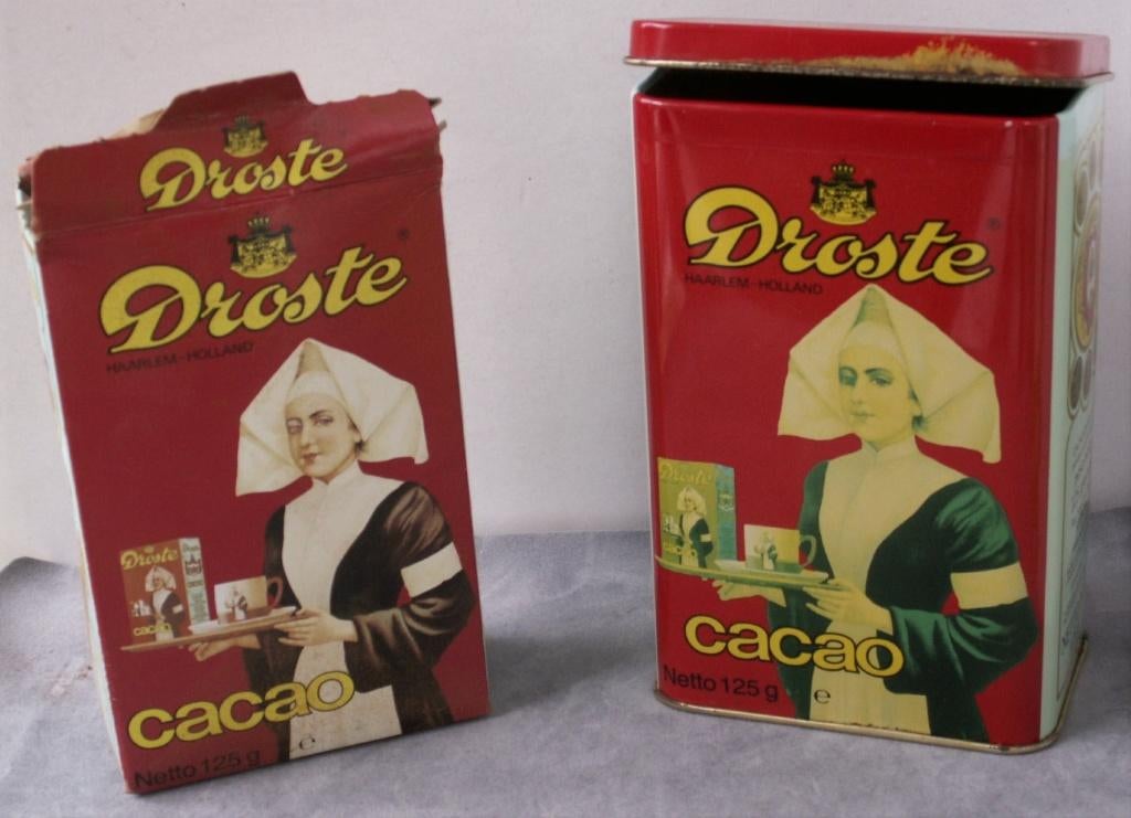 Vintage rechthoekig blik Droste Cacao 125 gr met inhoud, Verzamelen, Blikken, Ophalen of Verzenden, Zo goed als nieuw, Overige