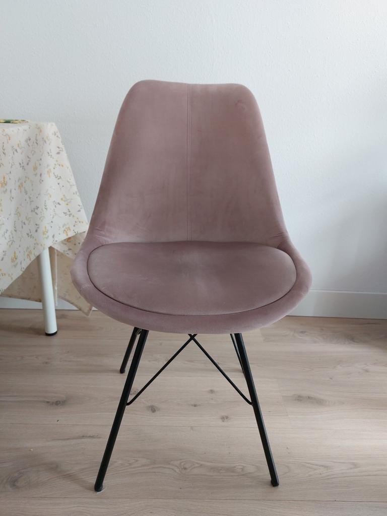 Set van 4 velvet oudroze stoelen met zwarte poten, Ophalen, Gebruikt, Overige kleuren, Stof