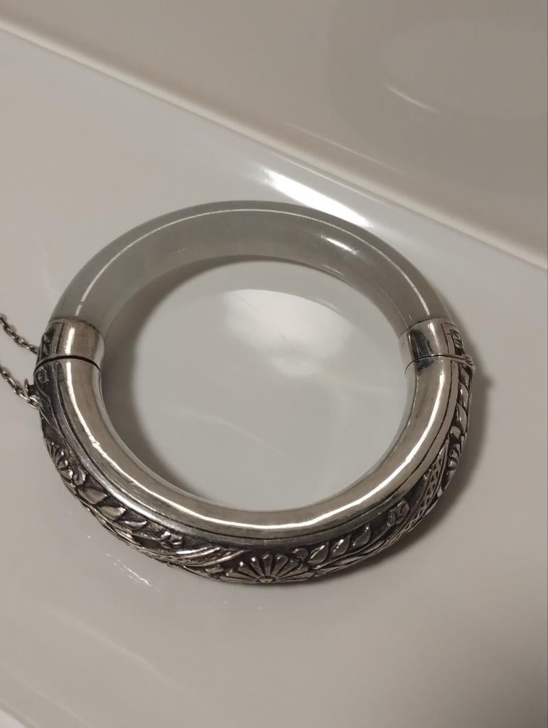 Antiek Chinees Art Nouveau jade en sterling zilver armband, Ophalen of Verzenden, Zilver