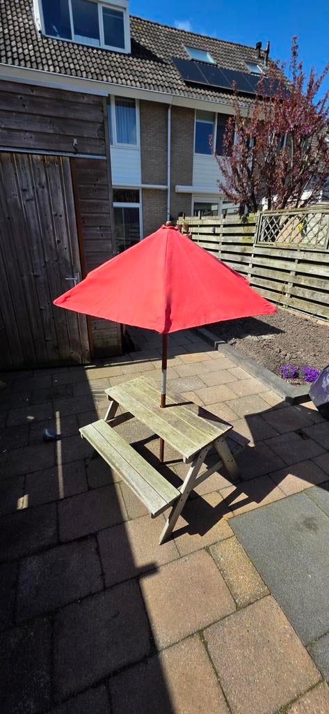 Kinder picknicktafel met parasol, Tuin en Terras, Gebruikt, Vierkant, Hout, Ophalen