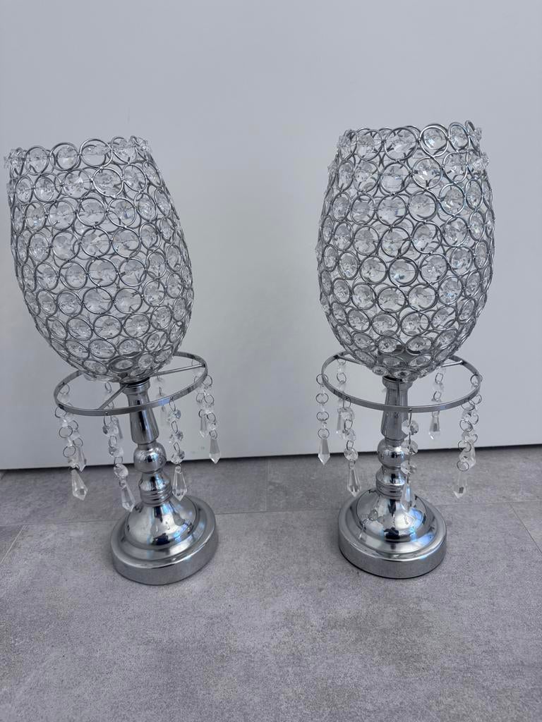 Set van 2 Luxe Kandelaars met Kristallen, 25 tot 50 cm, Ophalen of Verzenden, Zo goed als nieuw, Metaal