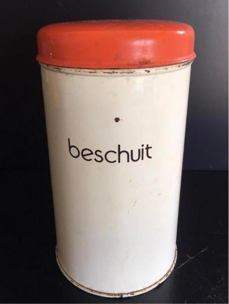 Oud Hollandse vintage beschuitblik beige/oranje deksel, Huis en Inrichting, Keuken | Keukenbenodigdheden, Gebruikt, Ophalen of Verzenden