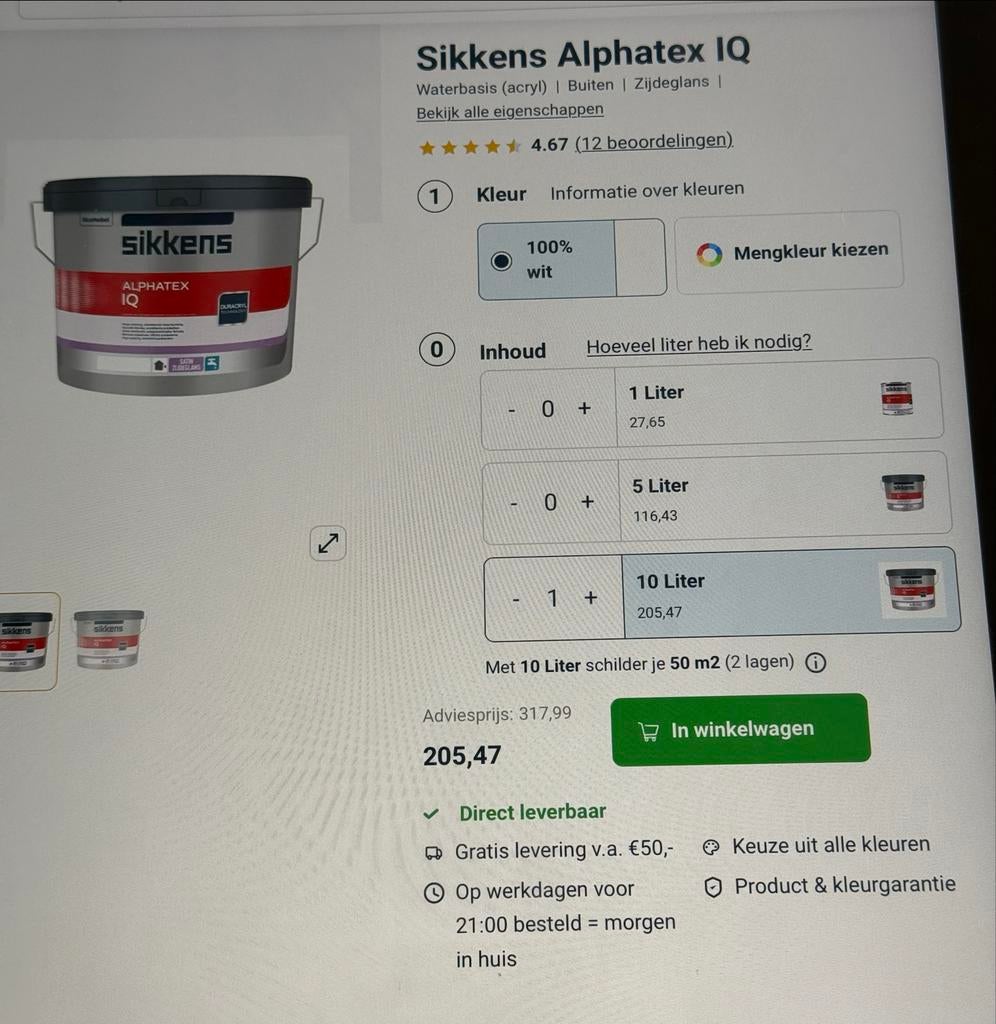Sikkens Alphatex IQ zijdeglans RAL 9010, 10 liter, Ophalen