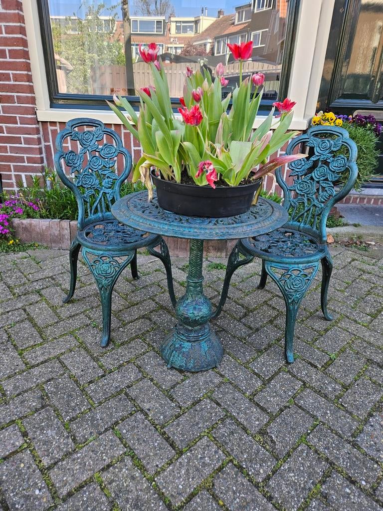 Gietijzeren Bistro Set - Tuintafel met 2 Stoelen, Ophalen of Verzenden, Gebruikt, Metaal