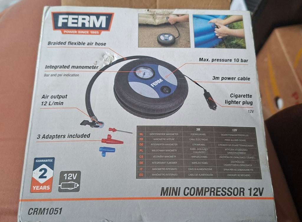 Ferm mini compressor 12V, Doe-het-zelf en Verbouw, Minder dan 25 liter, Ophalen of Verzenden, Minder dan 200 liter/min
