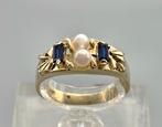 Gouden Vintage design ring saffier en parel. 2026/145., Blauw, ., Ophalen of Verzenden, Zo goed als nieuw