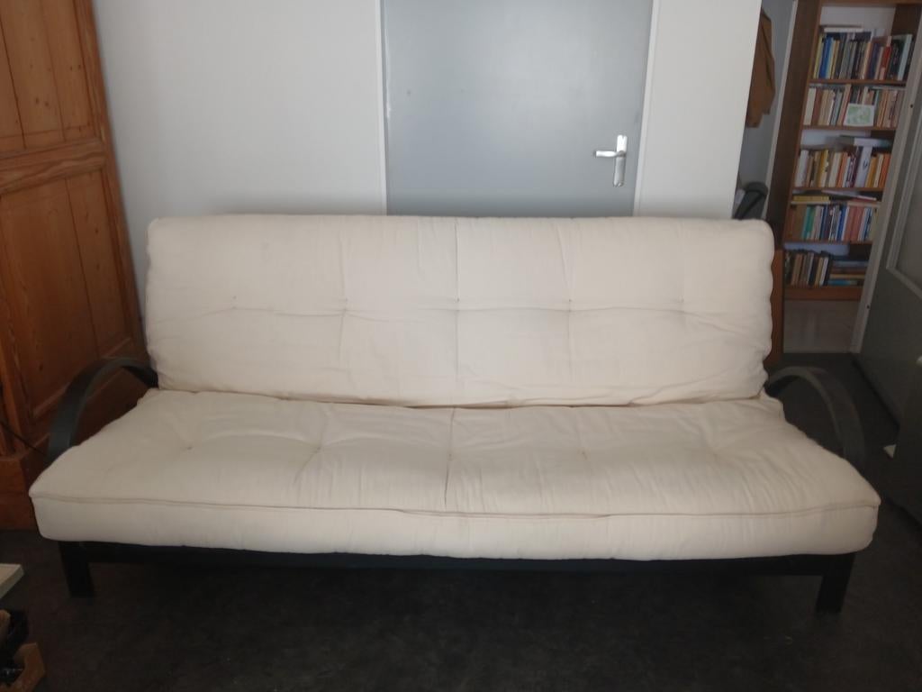 Vrijwel nieuwe futon 140 x 200 samen met Aba-i bedbank, Wit, Tweepersoons, Zo goed als nieuw, Hout
