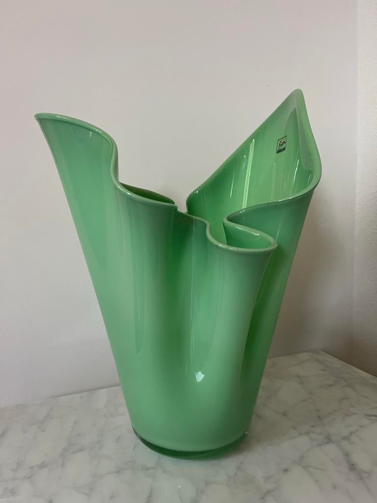 Grote Murano "zakdoek" vaas - mat groen, Ophalen of Verzenden