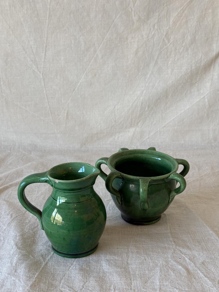 Vintage Groen Gevlamd Aardewerk – Set van Kannetje en Potje, Antiek en Kunst, Antiek | Keramiek en Aardewerk, Ophalen of Verzenden
