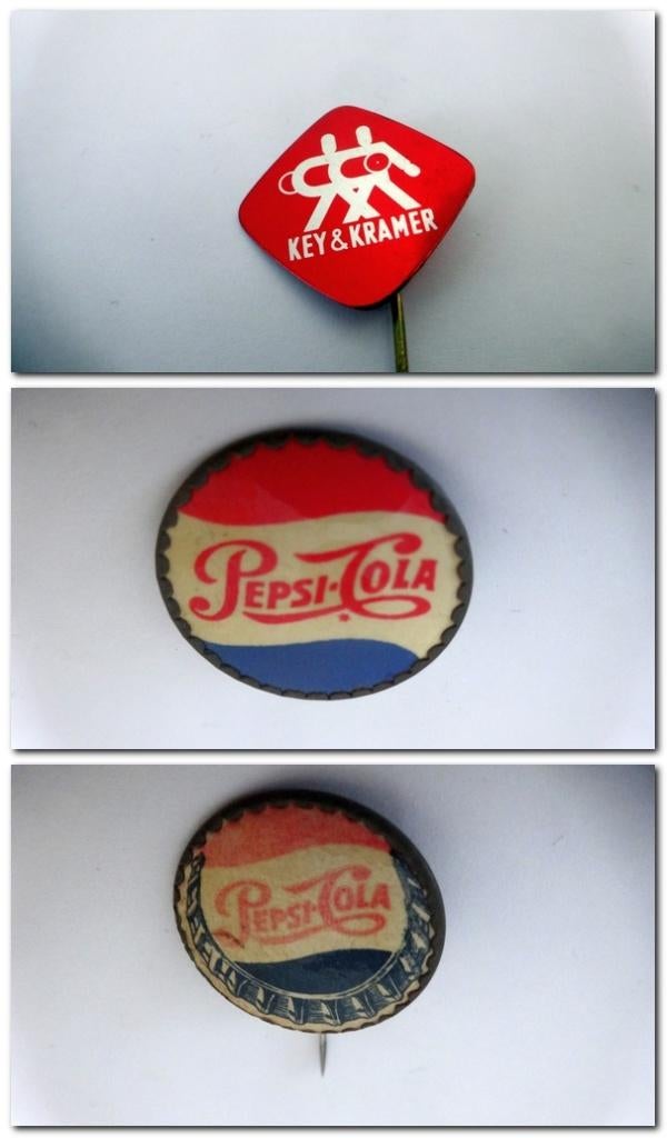 5 Vintage speldjes jaren ’60 – Pepsi, Fujifilm, Key & Kramer, Verzamelen, Speldjes, Pins en Buttons, Ophalen of Verzenden, Gebruikt