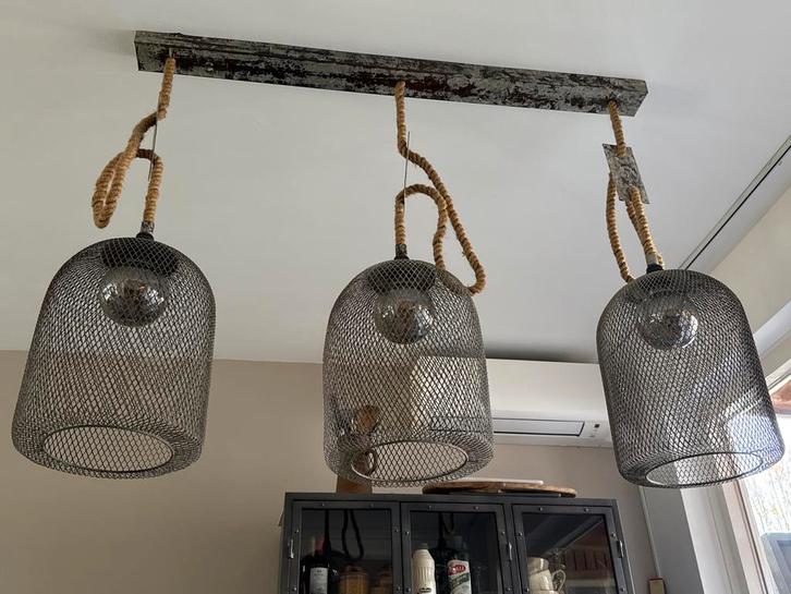 Stoere industriële hanglamp met 3 kooilampen, Huis en Inrichting, Lampen | Hanglampen, Zo goed als nieuw, 50 tot 75 cm, Metaal