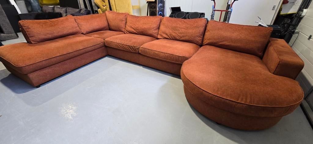 XXL Velvet Cognac/Terracotta Hoekbank - Zitmax 3 Delen, Gebruikt, Onbekend, Ophalen of Verzenden, Onbekend