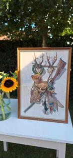 Vintage Engels borduurwerk in houten lijst, jacht tafereel,, Minder dan 50 cm, Gebruikt, Vintage, Ophalen of Verzenden