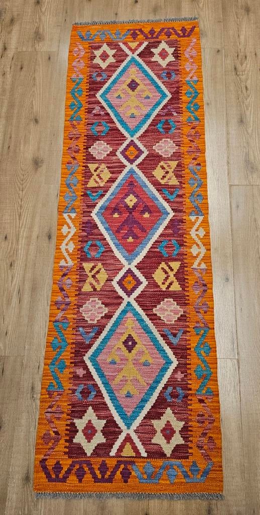 Handgeweven oosterse wollen kelim loper 195x62, Huis en Inrichting, Info@SlatsAntiek.nl, Vof Slats Antiek, Crème, Kelim