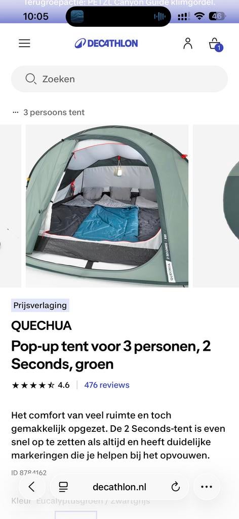 Quechua 2 Seconds 3-persoons pop-up tent, Caravans en Kamperen, Tenten, Gebruikt, Tot en met 3, Info@decathlon.nl, Ophalen
